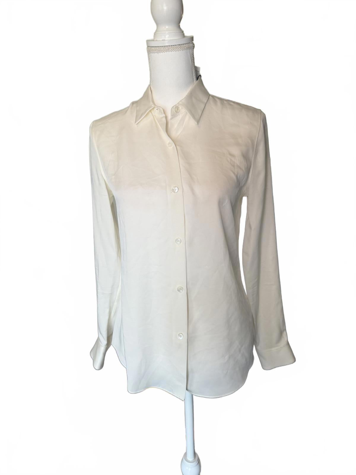 New Theory White Long Sleeve Silk Button-Up Shirt, size Small