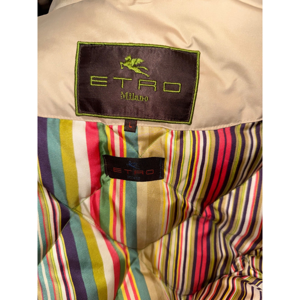 Etro Beige Hooded Quilted Jacket With Striped Lining Large