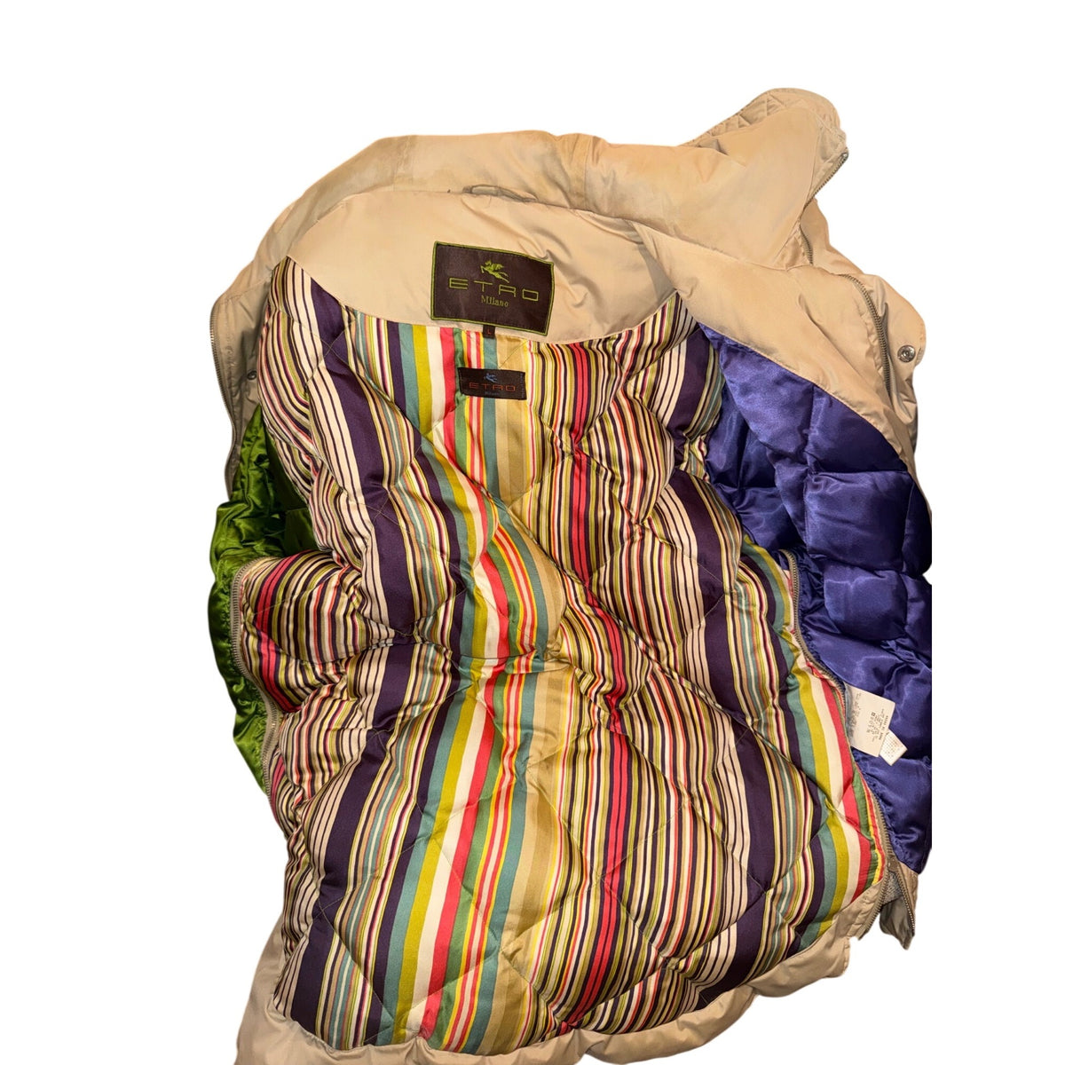 Etro Beige Hooded Quilted Jacket With Striped Lining Large