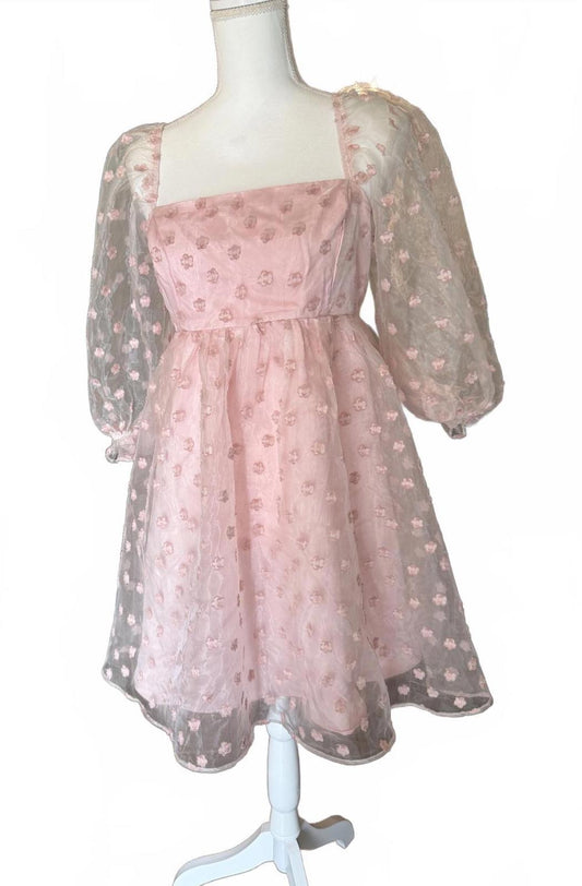 New Lulu Pink Sheer Puff Sleeve Babydoll Mini Dress, XL