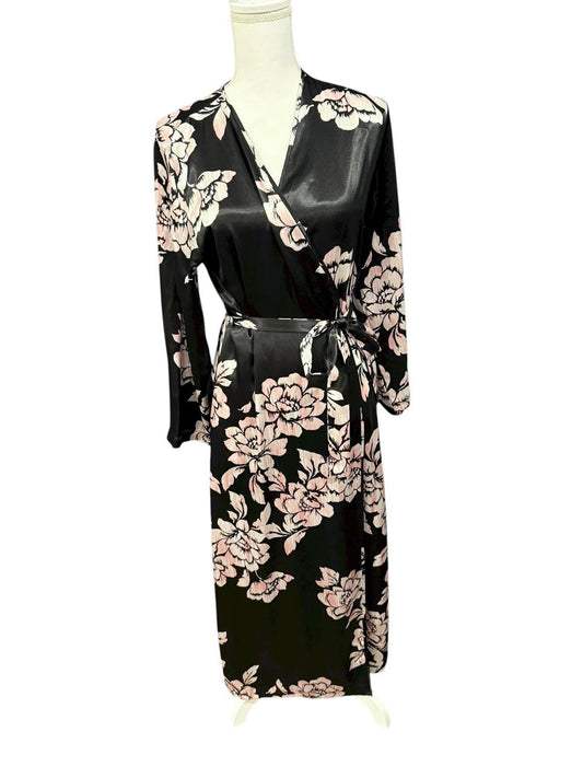 Vintage Oscar de la Renta Satin Floral Robe with Belt, Size Medium