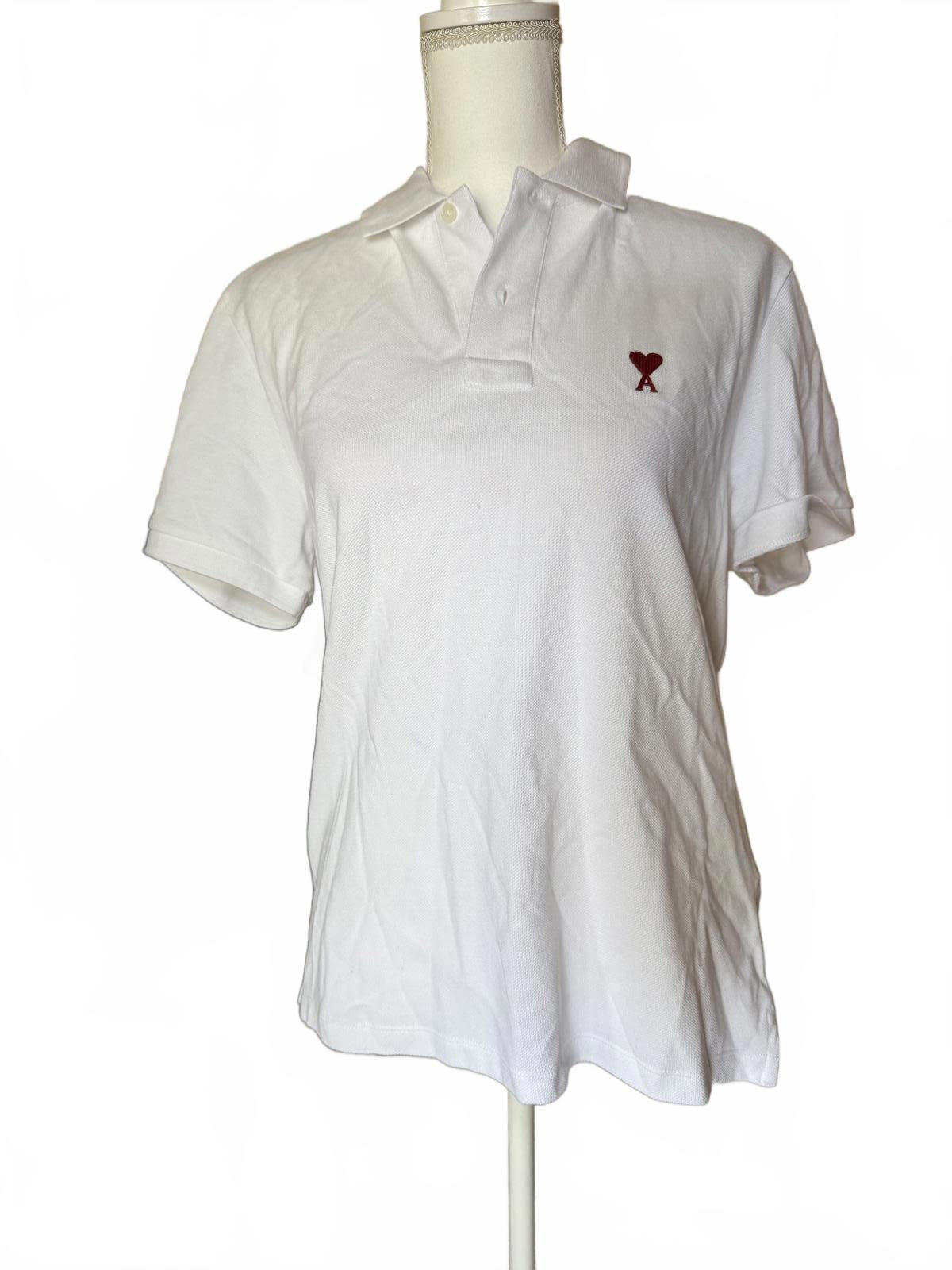 AMI Paris White Polo Shirt with Red 'A' Heart Logo