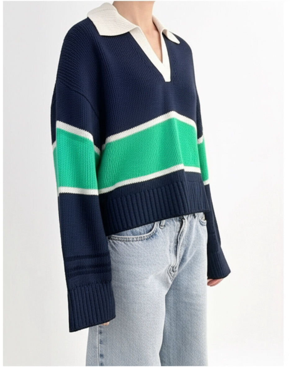 New Spiritual Gangster Navy Green Striped Collared V-Neck Cropped Sweater, Size XL 