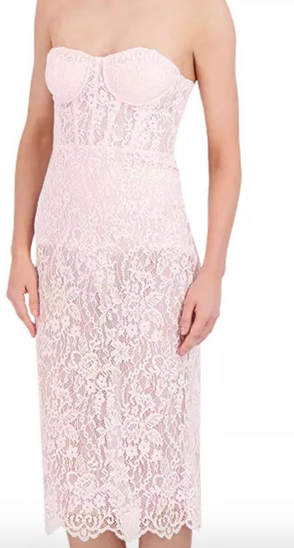 New BCBG Women's Pink Lace Mesh Midi Dress with Built in Bodysuit, size 4