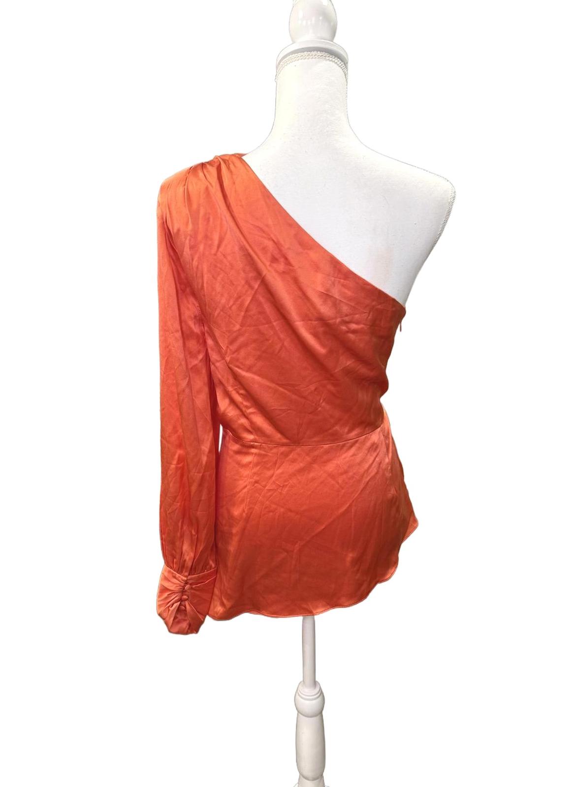 Cinq a Sept One-Shoulder Long Sleeve Silk Blouse in Orange, Large