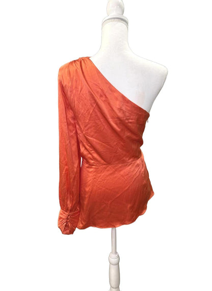 Cinq a Sept One-Shoulder Long Sleeve Silk Blouse in Orange, Large