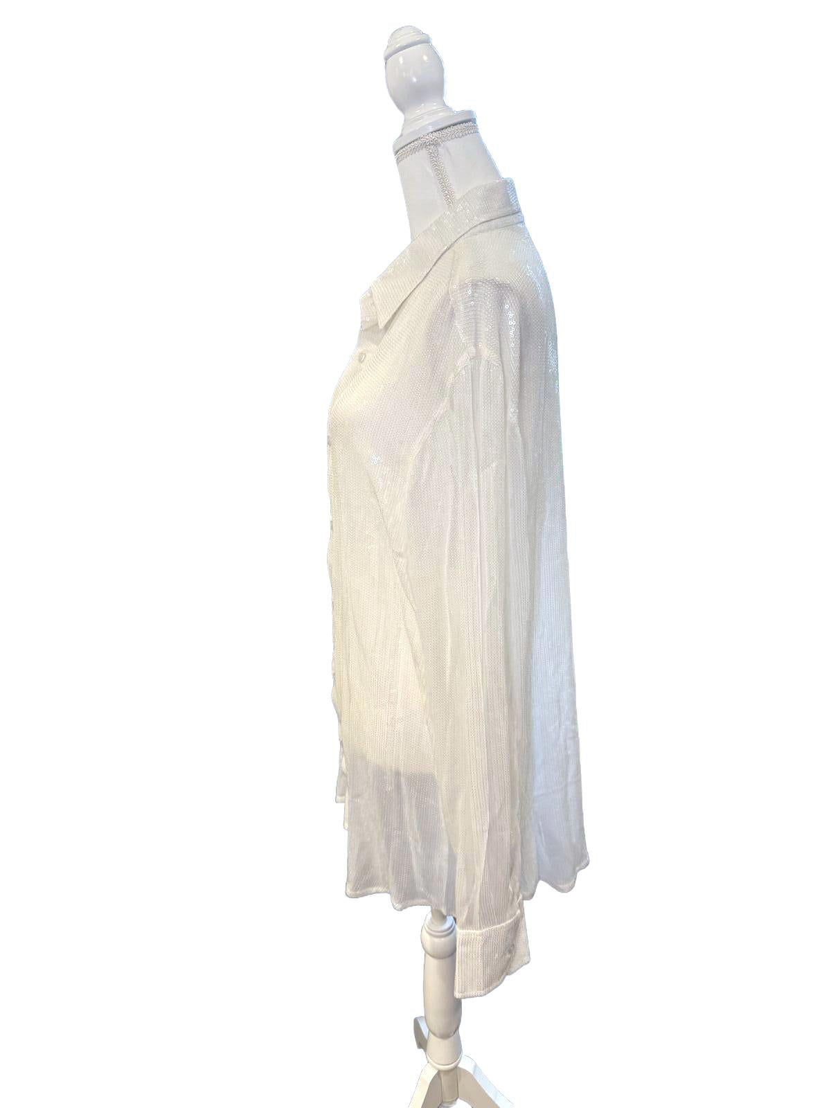 Nazila Couture White Sequin Long Sleeve Button-Up Shirt, Size 42