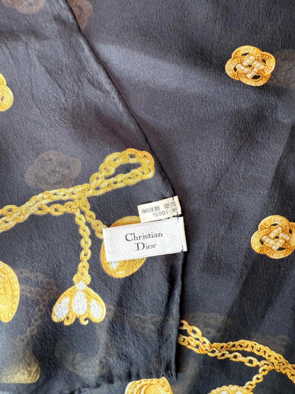 Christian Dior Black and Gold Charm Print Sheer Silk Scarf