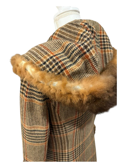 Vintage Pennylane Plaid Wool Coat with Fur Trim, size XS/S