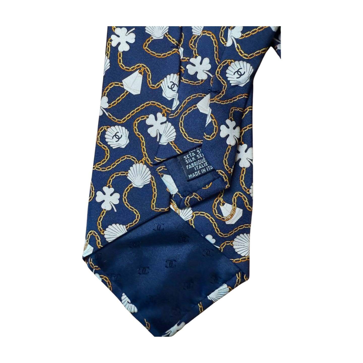 Chanel Paris Navy Silk Seashell & Chain Print Tie