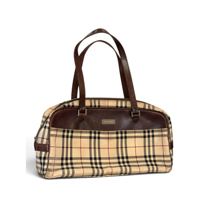 Burberry Checkered Canvas & Brown Leather Medium Handbag With Dual Handles