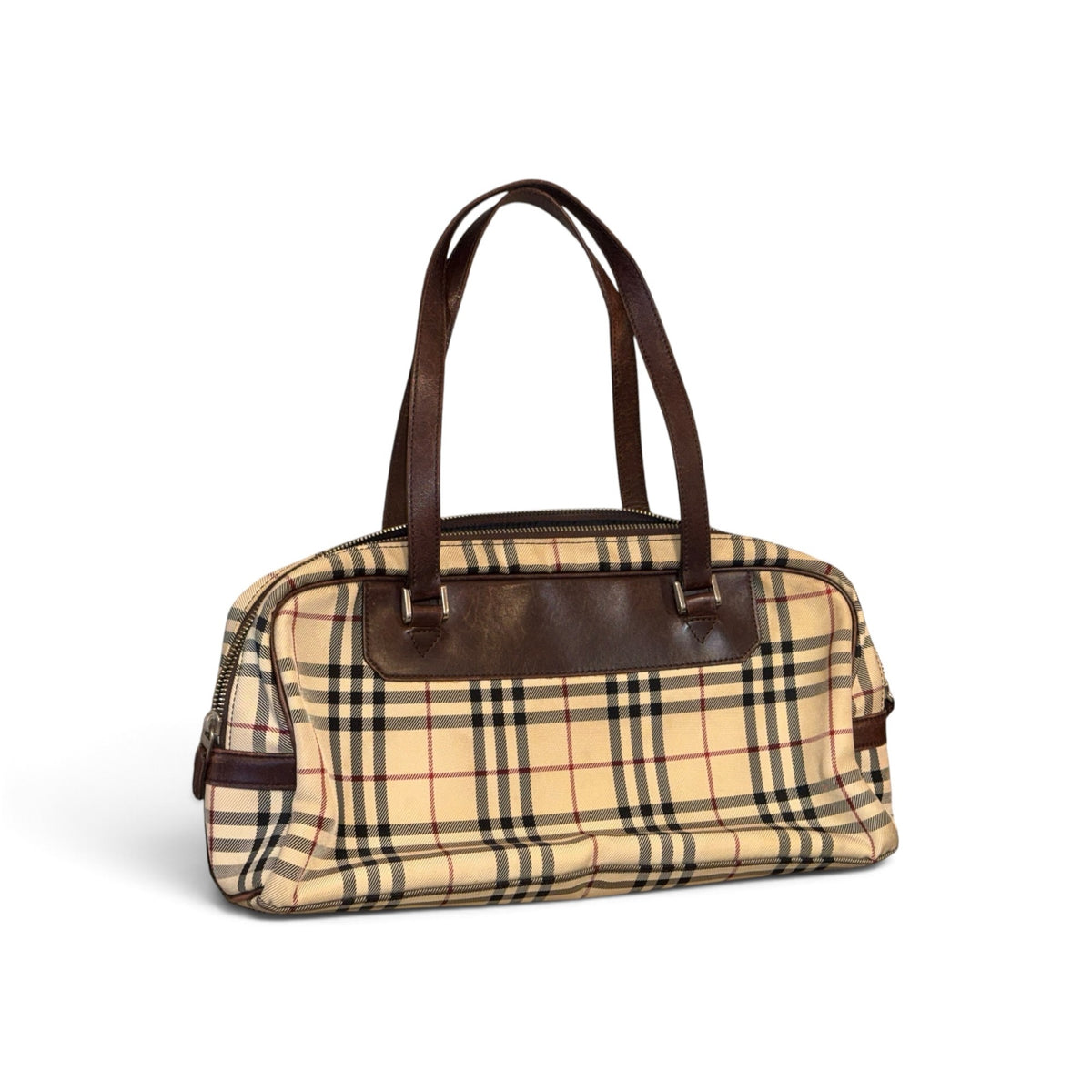 Burberry Checkered Canvas & Brown Leather Medium Handbag With Dual Handles