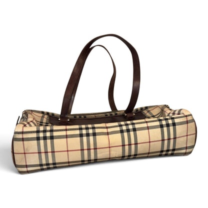 Burberry Checkered Canvas & Brown Leather Medium Handbag With Dual Handles