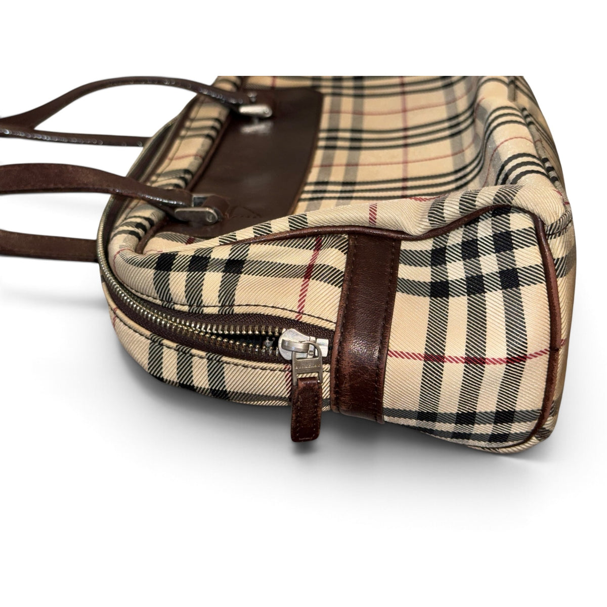 Burberry Checkered Canvas & Brown Leather Medium Handbag With Dual Handles