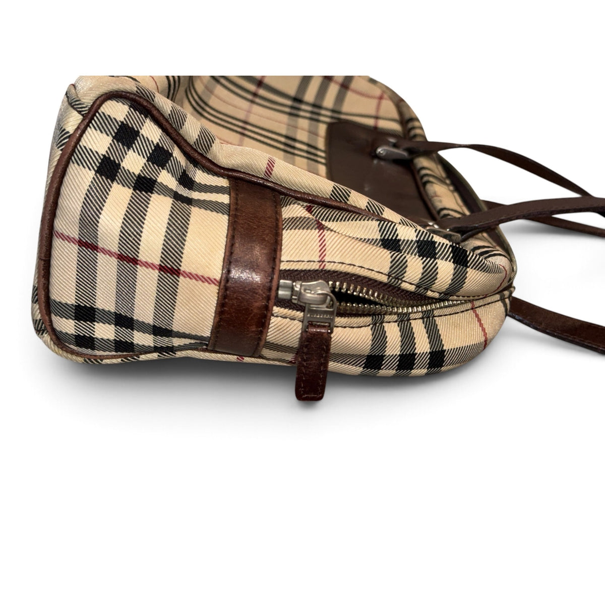 Burberry Checkered Canvas & Brown Leather Medium Handbag With Dual Handles