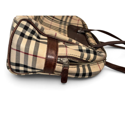 Burberry Checkered Canvas & Brown Leather Medium Handbag With Dual Handles