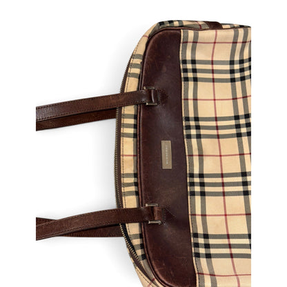 Burberry Checkered Canvas & Brown Leather Medium Handbag With Dual Handles