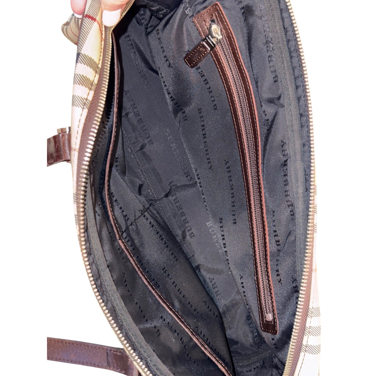 Burberry Checkered Canvas & Brown Leather Medium Handbag With Dual Handles