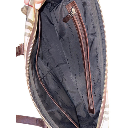 Burberry Checkered Canvas & Brown Leather Medium Handbag With Dual Handles