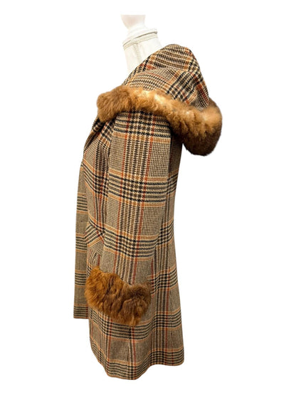 Vintage Pennylane Plaid Wool Coat with Fur Trim, size XS/S