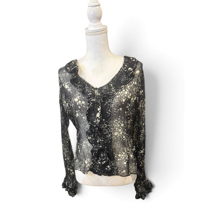 Anne Fontaine Black & White Silk Sheer Long Sleeve Blouse, Medium
