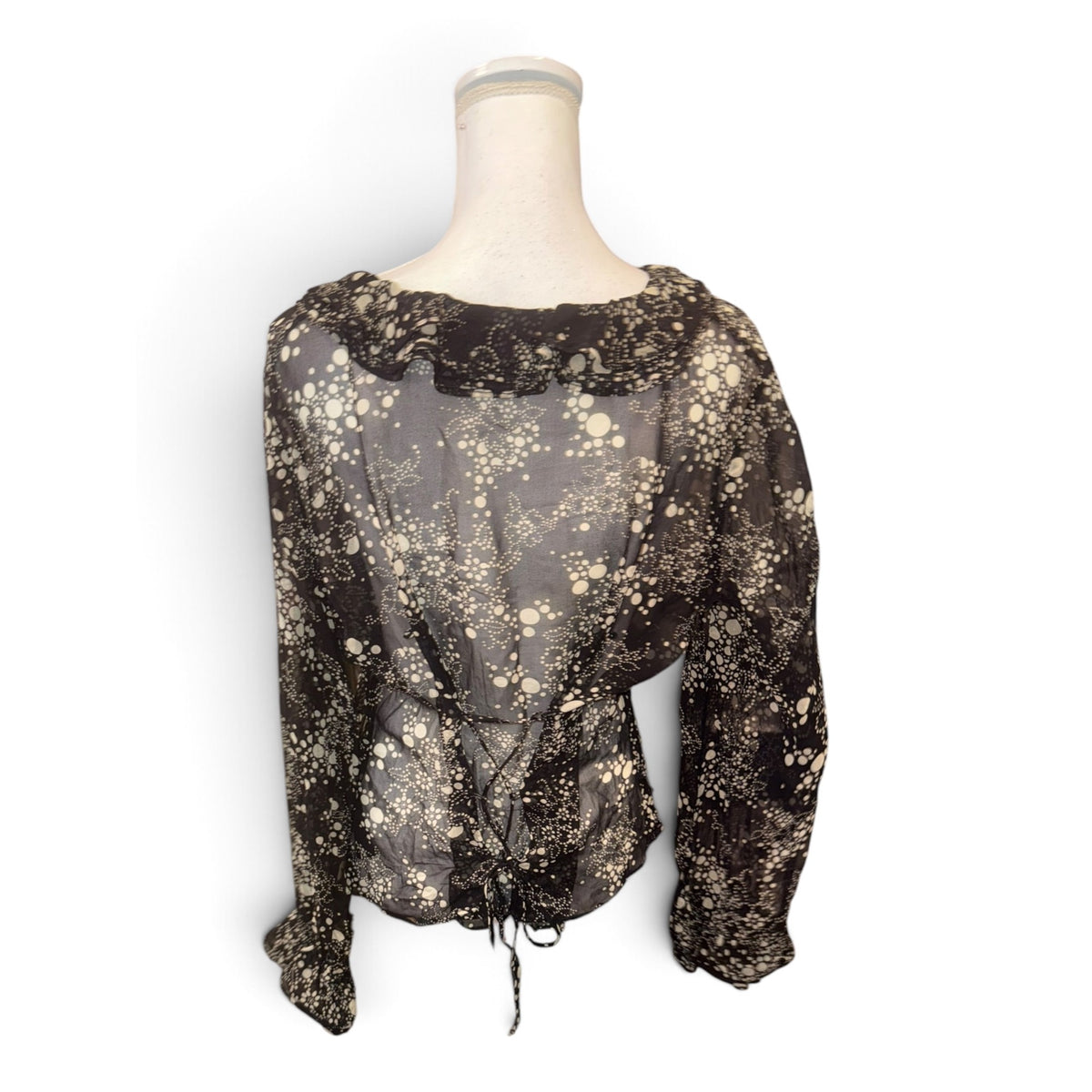 Anne Fontaine Black & White Silk Sheer Long Sleeve Blouse, Medium