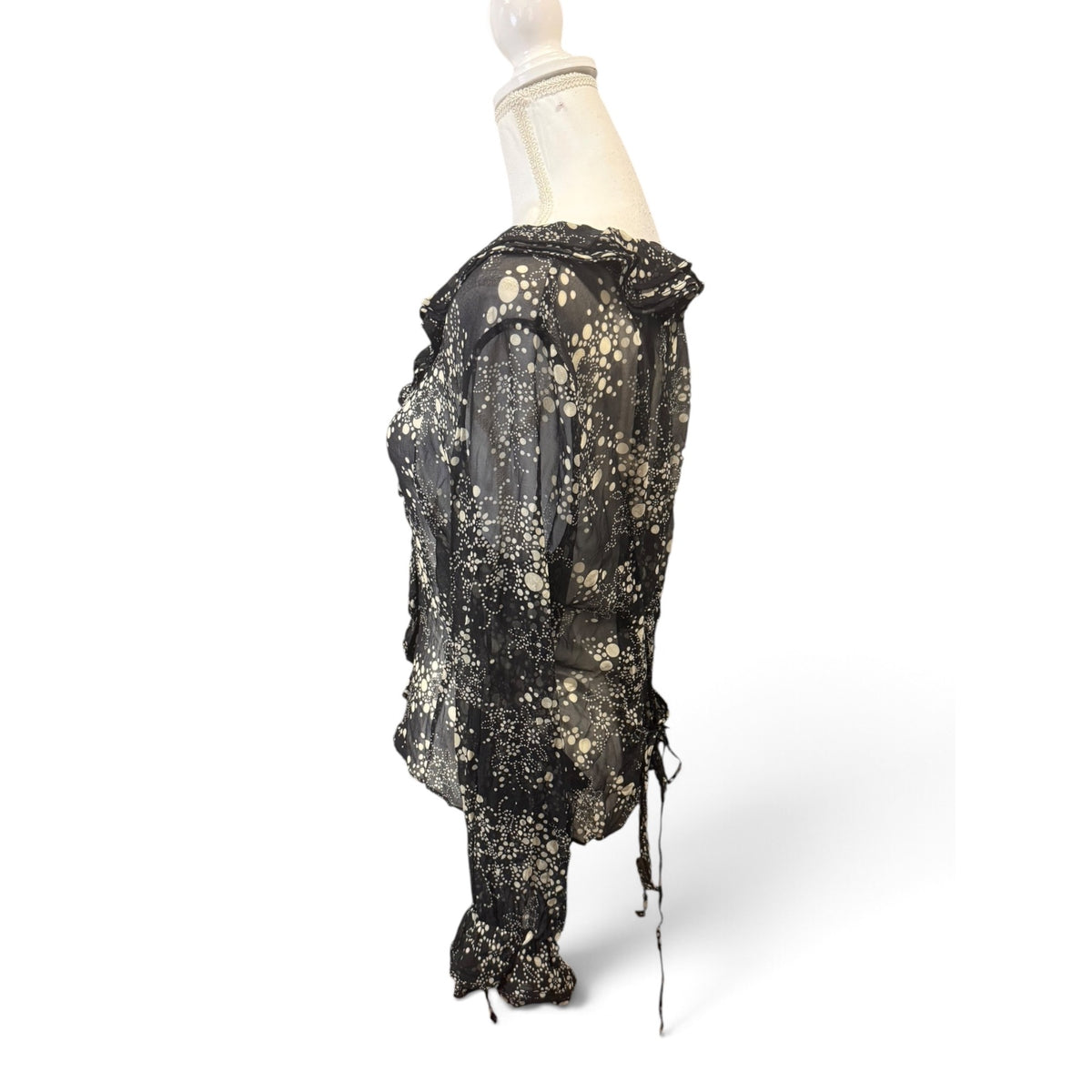Anne Fontaine Black & White Silk Sheer Long Sleeve Blouse, Medium