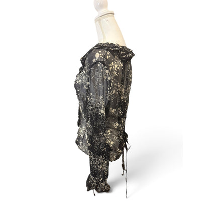 Anne Fontaine Black & White Silk Sheer Long Sleeve Blouse, Medium