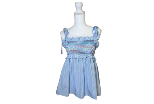 Tuckernuck Blue & White Striped Smocked Rainbow Ruffle Top