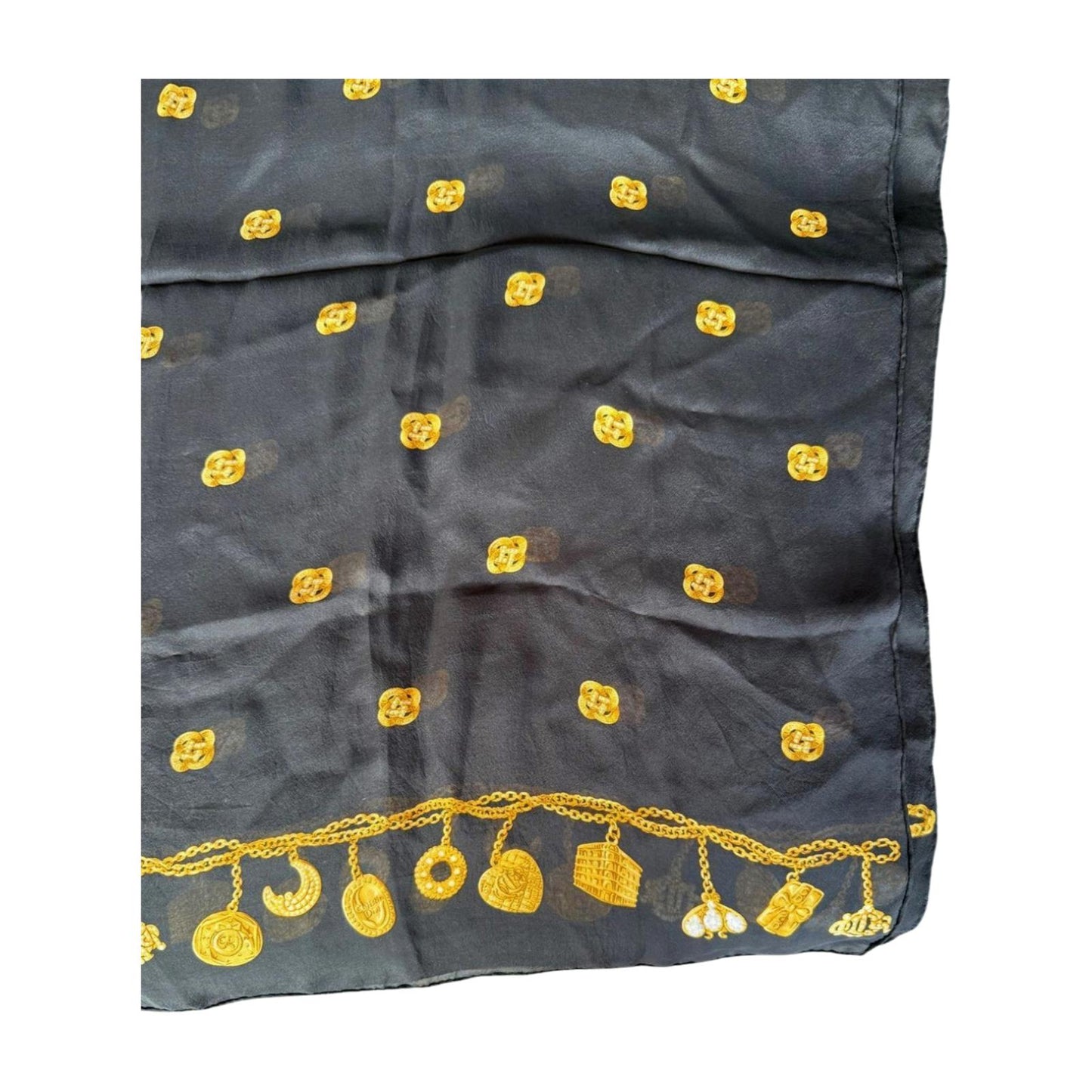 Christian Dior Black and Gold Charm Print Sheer Silk Scarf