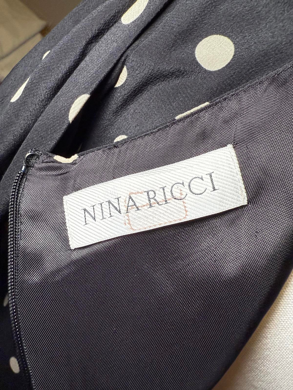 New Nina Ricci Black and White Polka Dot Long Sleeve Silk Dress, FR 36