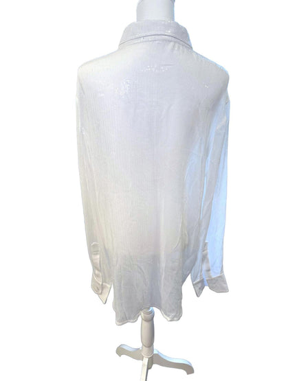 Nazila Couture White Sequin Long Sleeve Button-Up Shirt, Size 42