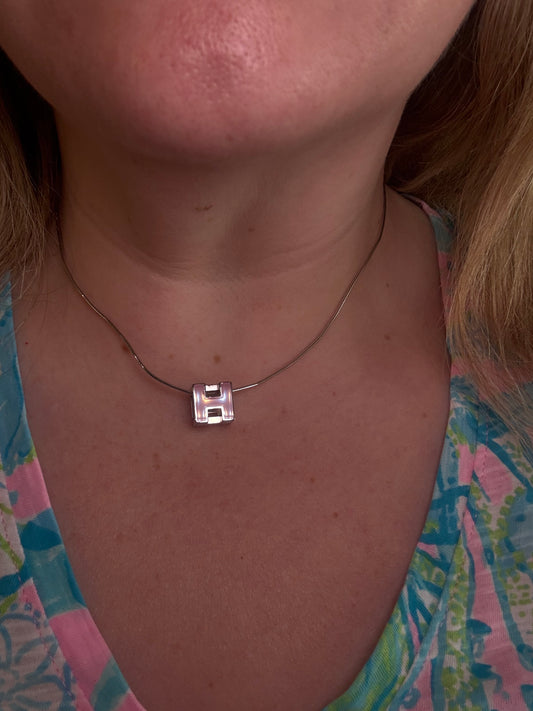 Hermès Cages d’H “H” Cube Pendant Necklace – Pink Enamel on Silver-Tone Chain (With Box)