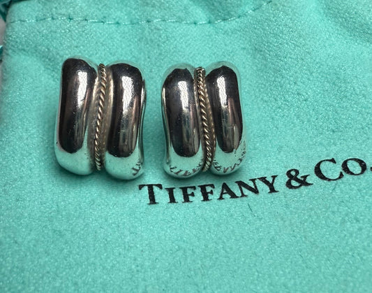 Vintage Tiffany & Co. 925 Sterling Silver & 14K Gold Ribbed Earrings
