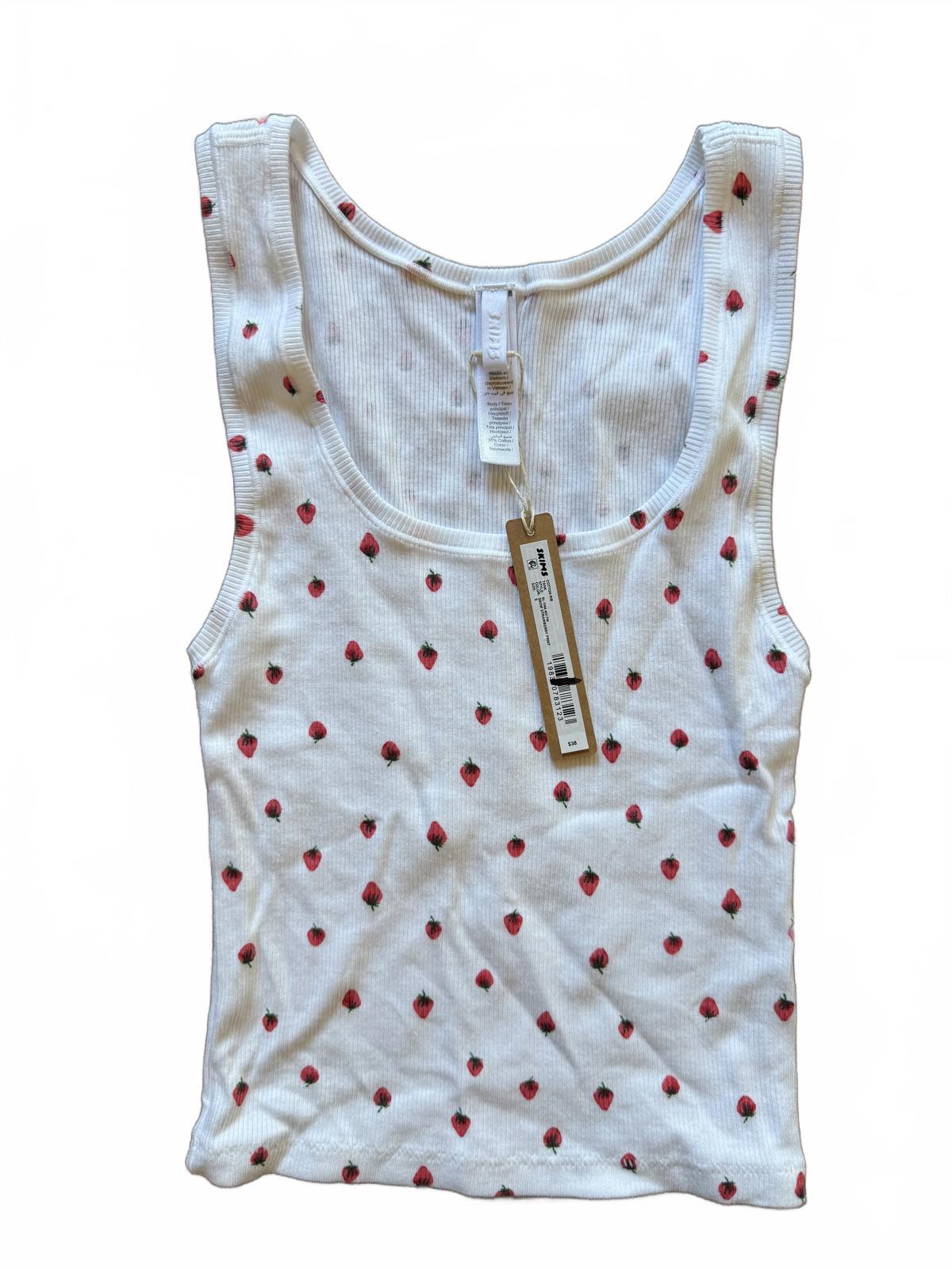 Skims White Ribbed Tank Top with Strawberry Print, Small