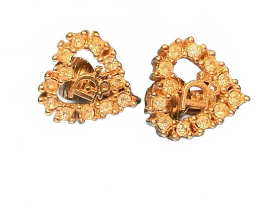 Vintage Gold-Tone Christian Dior Heart-Shaped Clip-On Earrings with Rhinestones
