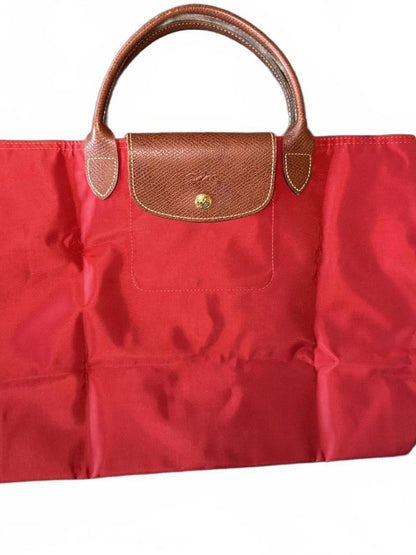 Longchamp Le Pliage Red Nylon and Brown Leather Handbag