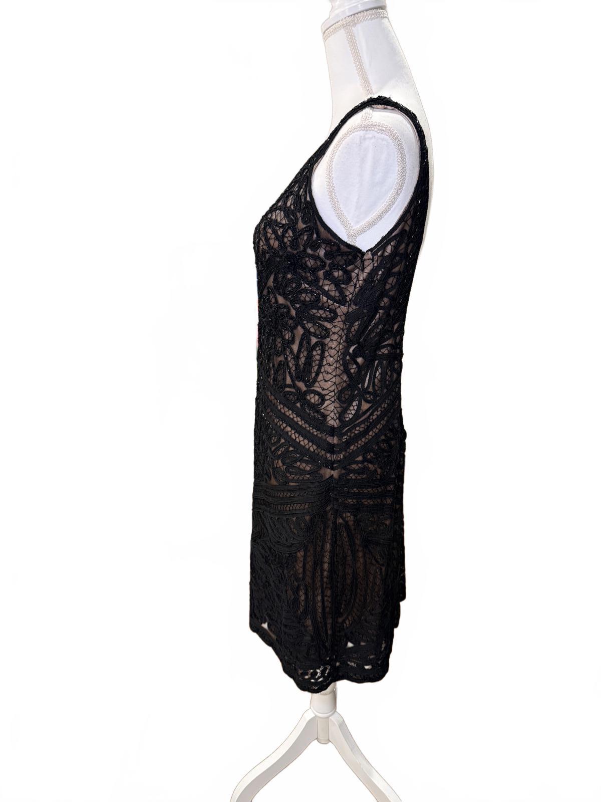 Sue Wong Black Lace Sleeveless Midi Dress with Low Back, 12
