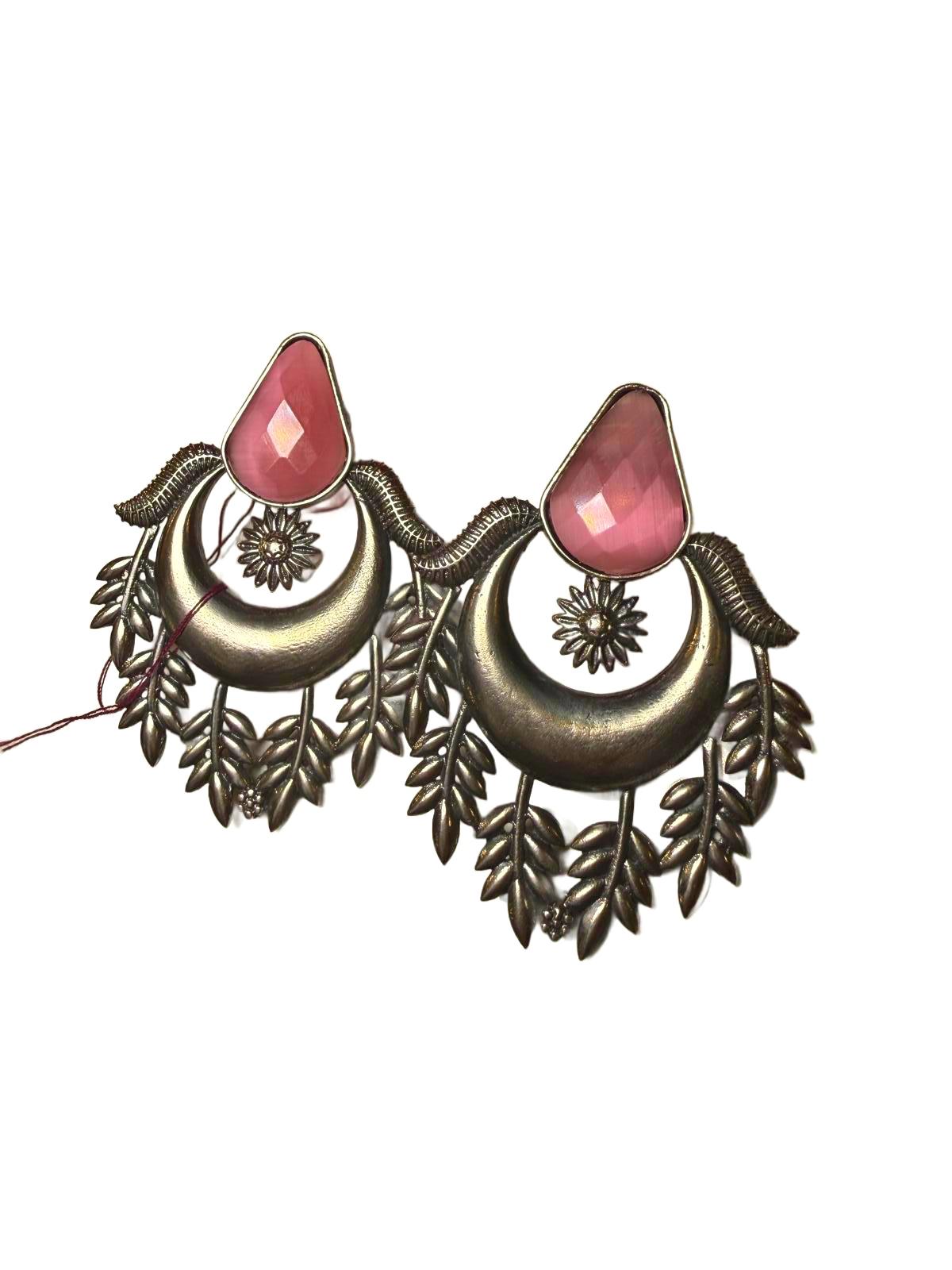 Oxidized Silver Tone and Pink Stone Earrings