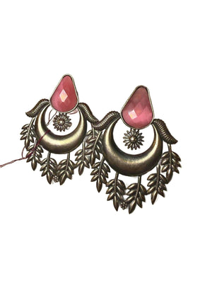 Oxidized Silver Tone and Pink Stone Earrings