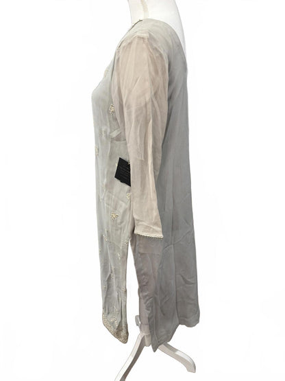 Nazila Couture Blue Gray Handmade Embroidered Silk Kurta Set with Wrap