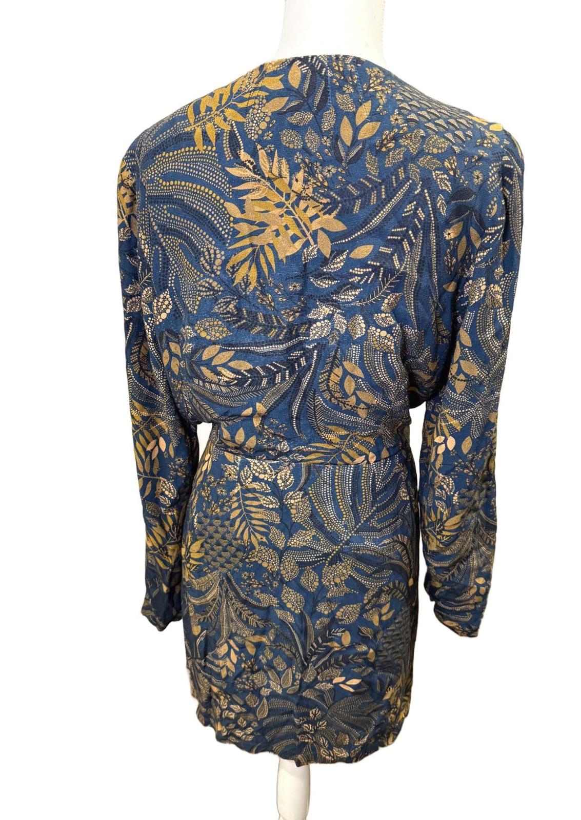 Farm Rio Printed Crepe Mini Wrap Dress, Blue & Gold, Large
