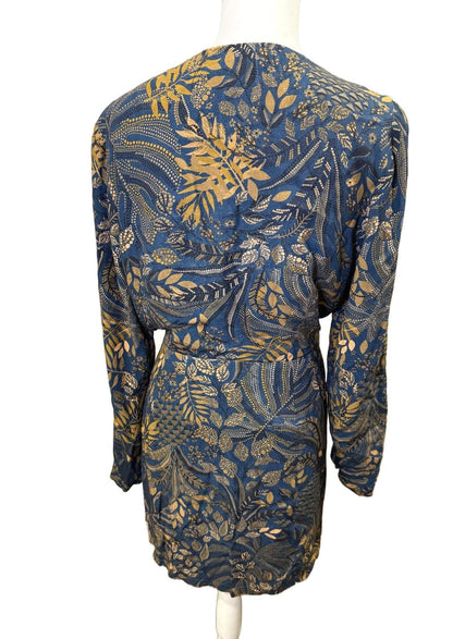 Farm Rio Printed Crepe Mini Wrap Dress, Blue & Gold, Large