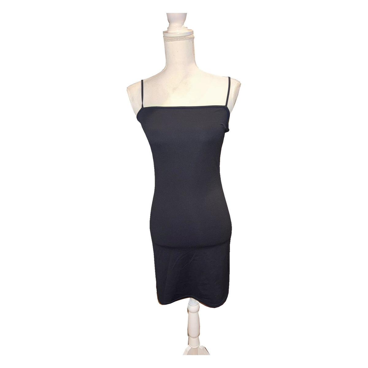 Front of the black Favorite Daughter Sweet Life slip dress with thin straps and straight neckline; no mesh overlay shown.