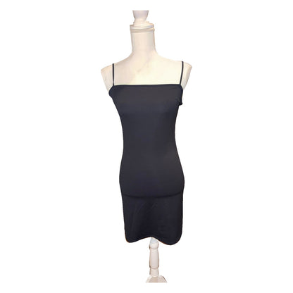 Front of the black Favorite Daughter Sweet Life slip dress with thin straps and straight neckline; no mesh overlay shown.