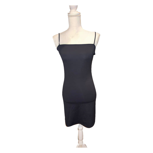 Front of the black Favorite Daughter Sweet Life slip dress with thin straps and straight neckline; no mesh overlay shown.