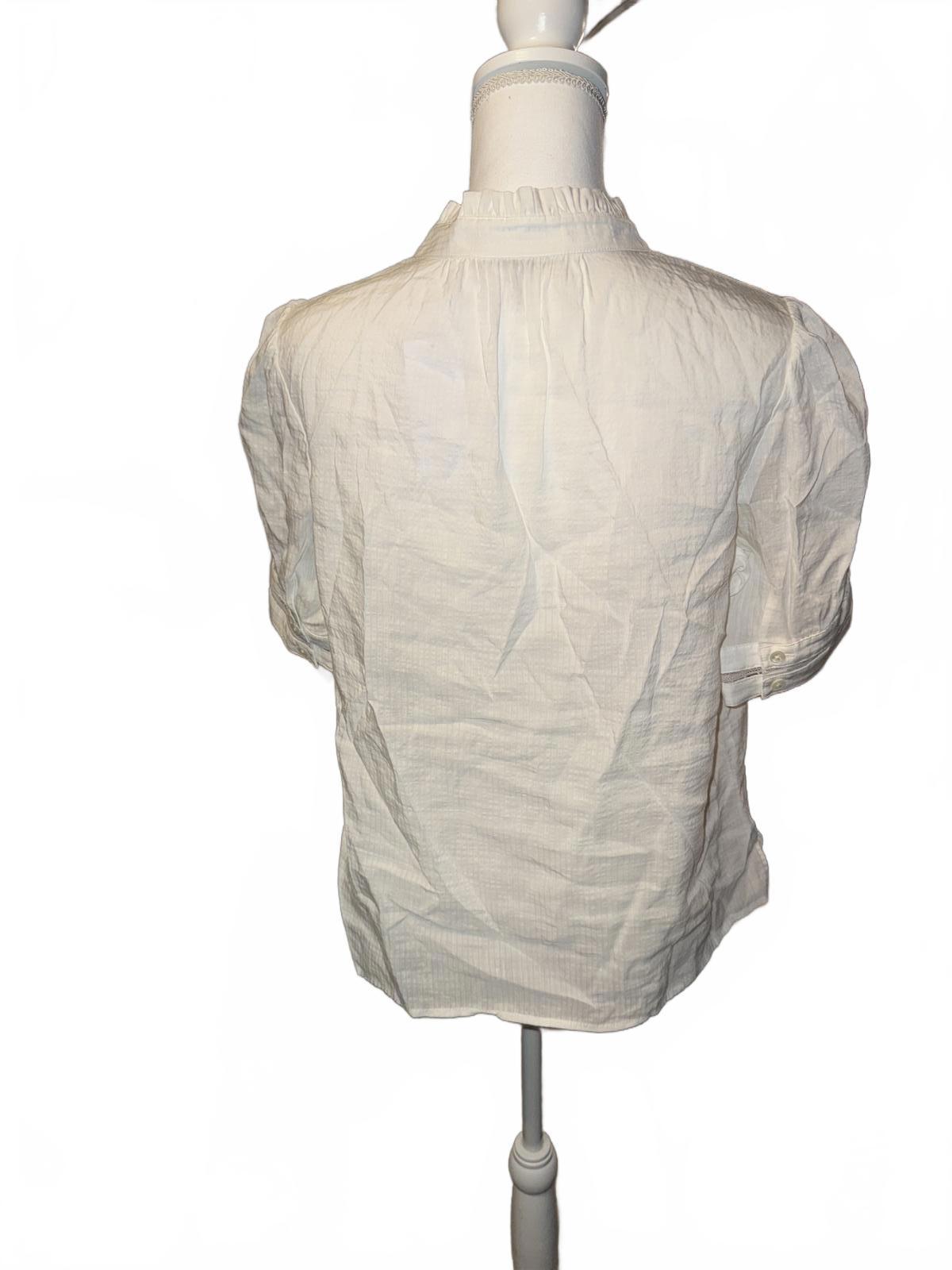 New FRAME White Short Sleeve Blouse with Ruffled Collar, Large