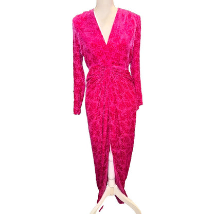Front of fuchsia Veronica Beard Ruthie dress with floral burnout velvet, V-neck, gathered waist and front slit.