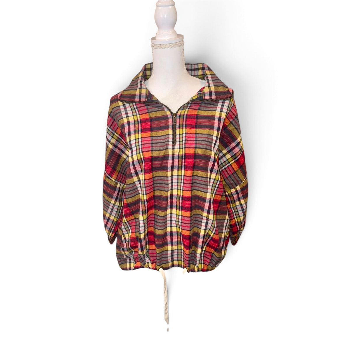 The Great Plaid Half-Zip Pullover Top With Drawstring Hem, Size M
