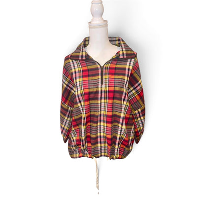 The Great Plaid Half-Zip Pullover Top With Drawstring Hem, Size M